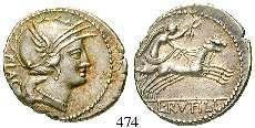Rutilius Flaccus, 77 v.chr. Denar 77 v.chr., Rom. 3,79 g. Behelmter Kopf der Roma r. FLAC / L RVTILI Victoria hält Kranz in Biga r. Cr.387/1; Syd.780.