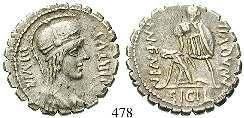 Prachtexemplar von feinem Stil. leicht dezentriert, st 690,- 478 Mn. Aquillius, 71 v.chr. Denar, serratus 71 v.chr., Rom. 3,92 g.