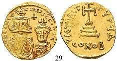 und Constantinus IV. von vorn, darüber Kreuz / Langkreuz auf Globus zwischen Heraclius und Tiberius. Gold. Sear 964.