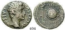 AVGVSTVS DIVI F / IMP X ACT Apollo l., hält Lyra und Plectrum. RIC 171a. f.ss 300,- 497 AE-As 16 v.chr., Rom. 9,16 g. Münzmeister C. Gallius Lupercus.