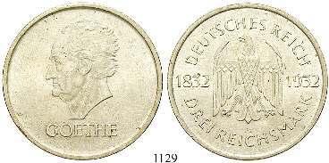 st 165,- 1114 3 Reichsmark 1930, F. Vogelweide. J.344. kl. Rdf.; gereinigt, f.