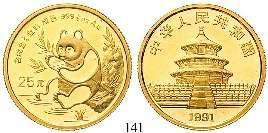 141 25 Yuan 1991. Panda - 1/4 Unze. Gold. 7,77 g fein. Friedb.