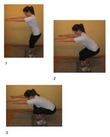 3 3. Übung: Gerader Oberschenkelmuskel (M. quadrizeps femoris) Stelle dich aufrecht hin und strecke die Arme aus (1). Gehe in die Hocke und halte den Rücken gerade (3).