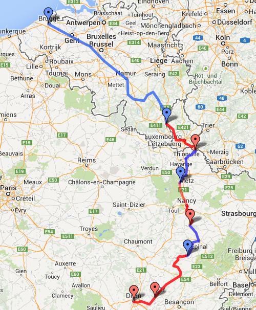 Véloroute Charles le Téméraire : 850 km 1 Etappe: Bruges-Martelange 330 km in Belgium 2 Etappe : Martelange-Schengen 90 km in Luxemburg 3 Etappe: Apach- Novéant-sur-Moselle 80 km in