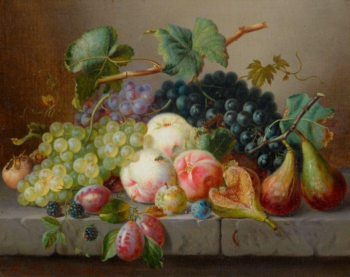3203 3203* KÄRCHER, AMALIE (1819 Karlsruhe 1887) Früchtestillleben mit Feigen, Pfirsichen und Trauben auf einer Steinplinthe. 1866. Unten links signiert und datiert: Amalie Kaercher 1866.