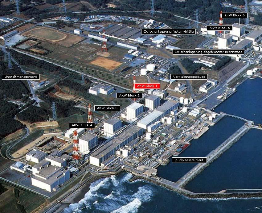 Kernkraftwerk Fukushima I (Dai ichi) Auslegung gegen Erdbeben der Stärke 8 und Tsunamis der Höhe 5,7 m Durch den Tsunami Überflutung bzw.