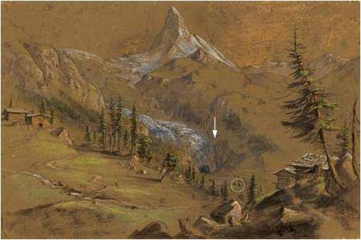 11 Das Zungenende des Gornergletschers, gezeichnet vom unteren Stafel der Augstchummenalp am 23. Juli 1835. Kreislein: Der Weiler Zer Briggu, der dem Gletscher einige Jahre später weichen musste.