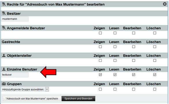 Anschließend können Sie auswählen welche Rechte (Zeigen, Lesen, Bearbeiten, Löschen) die Person bekommen soll (Gruppen können nicht ausgewählt werden): Zum Entfernen der