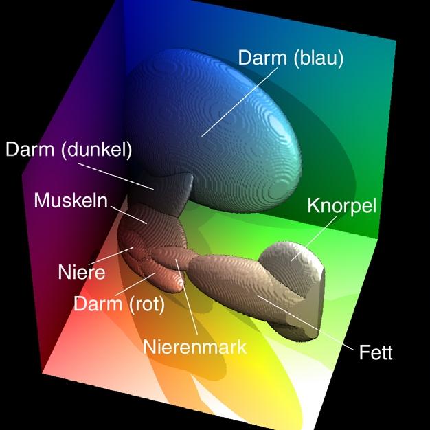 Abb. 2. Ellipsoide im RGB-Farbraum zur Klassifikation einiger der in Abb.