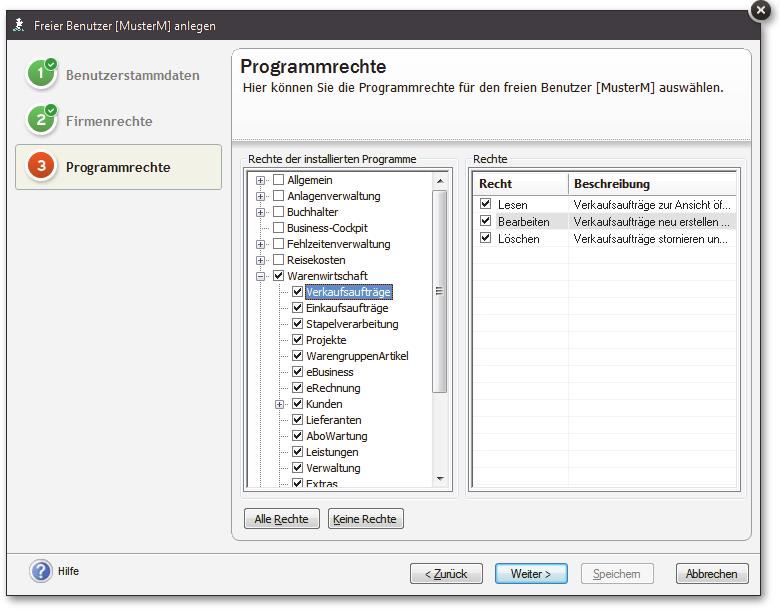 Programmrechte vergeben 1. Auf der Seite Programmrechte werden dem Benutzer Rechte für die zuvor ausgewählten Firmen eingeräumt.