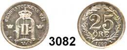1872 1907 3081 20 Kronen 1899 (8,06g FEIN) GOLD. Sieg 91. KM 748. Fb. 93a.... Vorzüglich/fast prägefrisch** 260,- 3082 25 Öre 1899. Sieg 32.