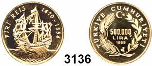 ..Polierte Platte 30,- 3136 500.000 Lira 1995 (6,61 g FEIN). GOLD. Schiff des Admirals Piri Reis Schön 575. KM 1039. Friedberg 142. Auflage 643 Exemplare.