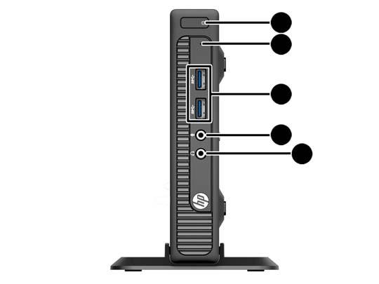 Komponenten an der Vorderseite (ProDesk 400) 1 Dual-State-Netzschalter 4 Mikrofonanschluss 2 LED-Anzeige des Festplattenlaufwerks 5 Kopfhöreranschluss 3 USB 3.