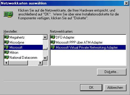 Es sollte dann von der Windows 98 SE CD alle erforderlichen Komponenten für die VPN Verbindung installiert werden. Ist dies abgeschlossen verlangt der Rechner einen Neustart.