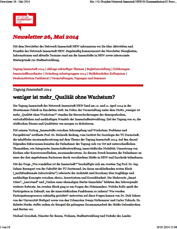 NEWSLETTER Newsletter als Angebot für Mitglieder des Netzwerk Innenstadt NRW Komprimierte und