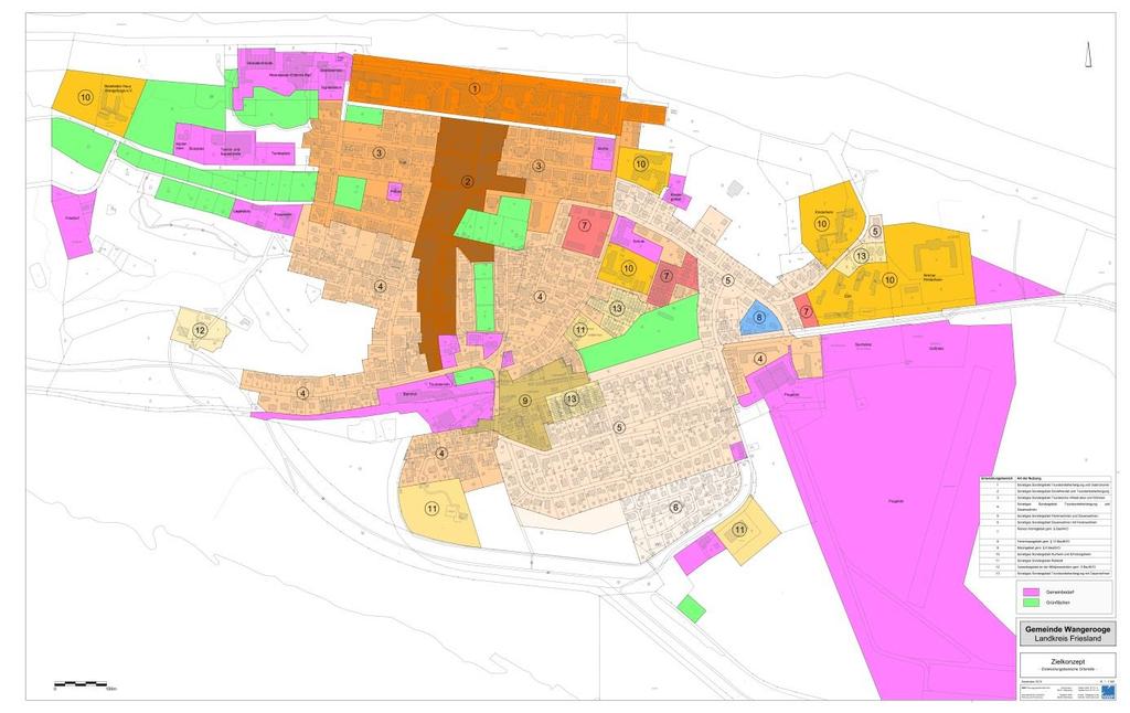 Gemeinde Wangerooge: Zielkonzept 4 4.1 Ortsmitte Die Ortsmitte kann in 13 unterschiedliche Entwicklungsgebiete unterteilt werden, die sich voneinander unterscheiden.