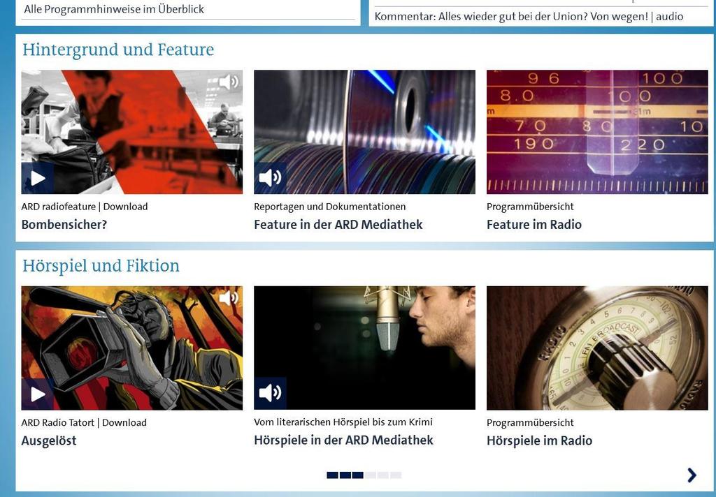 Mein persönliches Radioprogramm im Internet So sieht zum Beispiel die Mitte der Startseite von www.radio.ard.de aus.