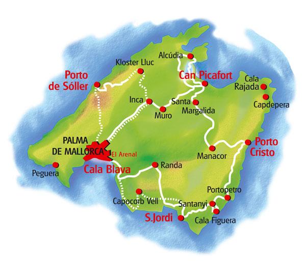 schließen Mallorca Rundfahrt: 1. Tag: Anreise Playa de Palma Vom Flughafen per Taxi ins Start-Hotel. 2. Tag: Playa de Palma - Colònia Sant Jordi ca. 55 km Begrüßung und Toureninformation.