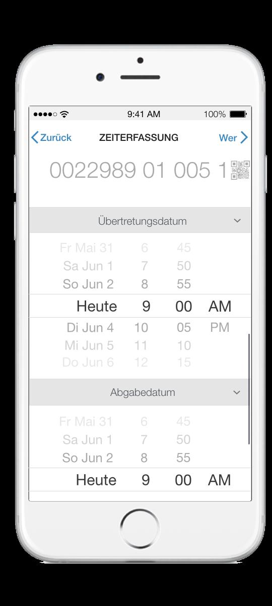 Bussen-App Wann Eingabe des Übertretungsdatums und der Erfassungszeit.
