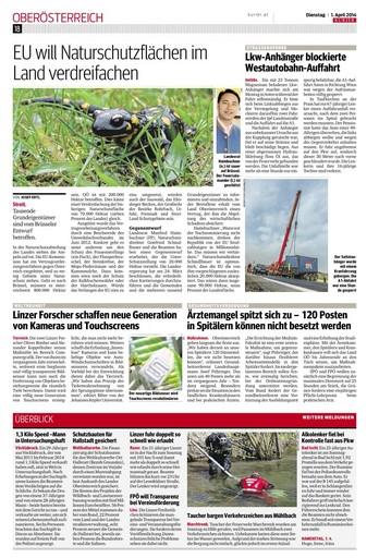 "Kurier" vom 01.04.2014 Seite: 18 Ressort: Chronik Oberösterreich, Morgen Weltneuheit Linzer Forscher schaffen neue Generation von Kameras und Touchscreens Tierreich.