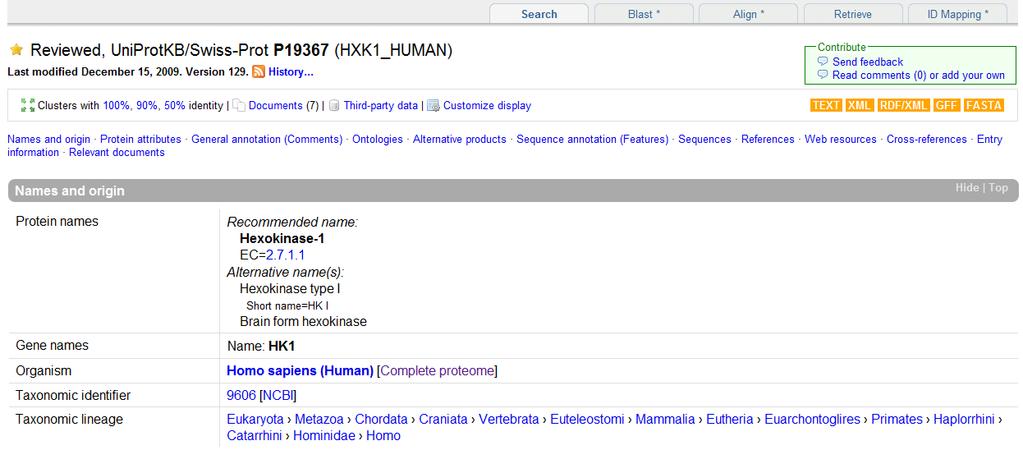 UniProt Universal Protein Resource Ergebnis-Seite: am Beispiel der Hexokinase-1