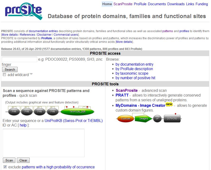 PROSITE protein functional sites Standardmäßig sorgt ein Häkchen bei exclude patterns with a high probability of occurence dafür, dass häufige Motive nicht