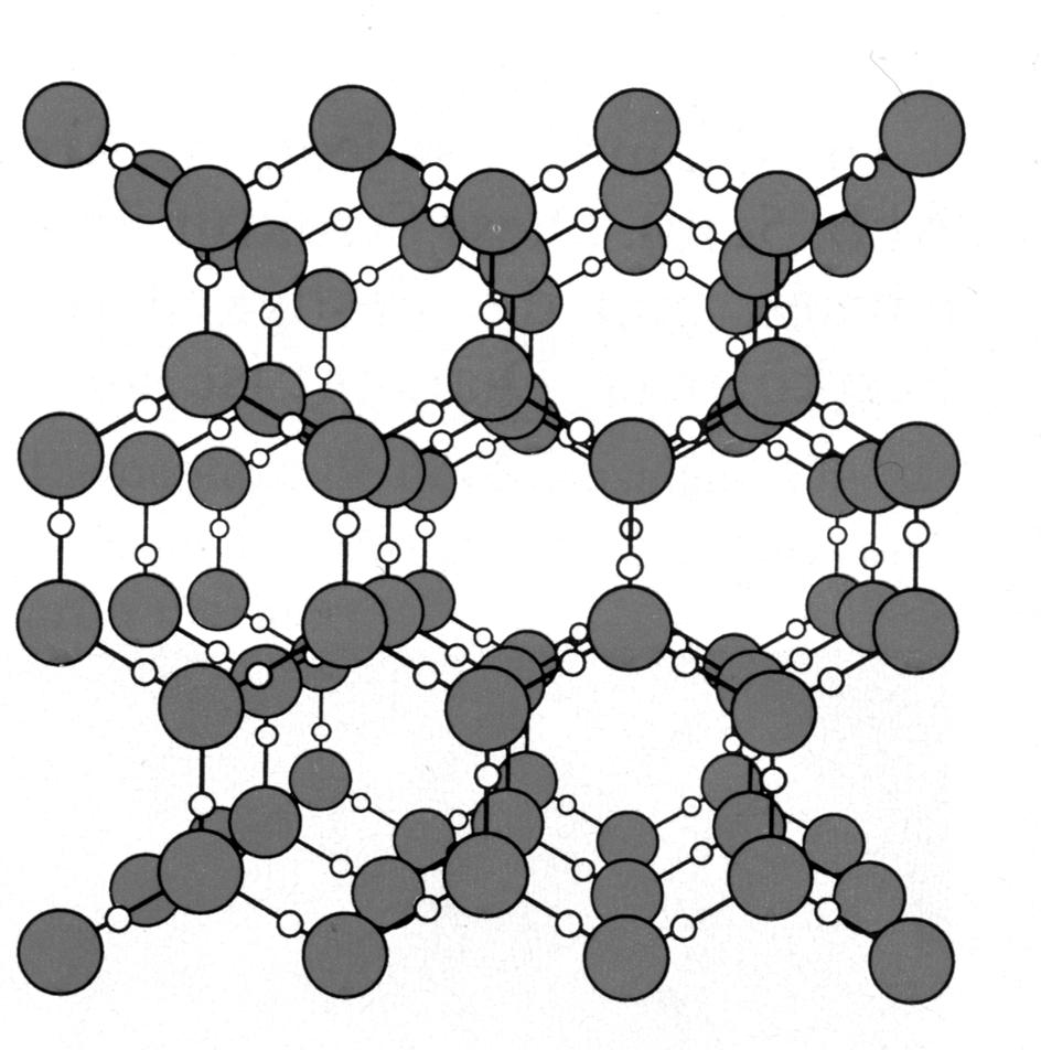 Anordnung der Wassermoleküle im weitmaschigen Gitter eines Eiskristalls Tetraedrische Umgebung des