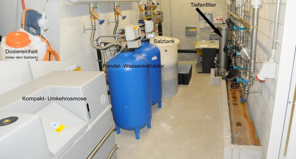Trinkwasseraufbereitung Gebäudetechnik Bestehend aus: - Tiefenfilter - Wasserenthärter - Umkehrosmoseanlage - Dosierstation