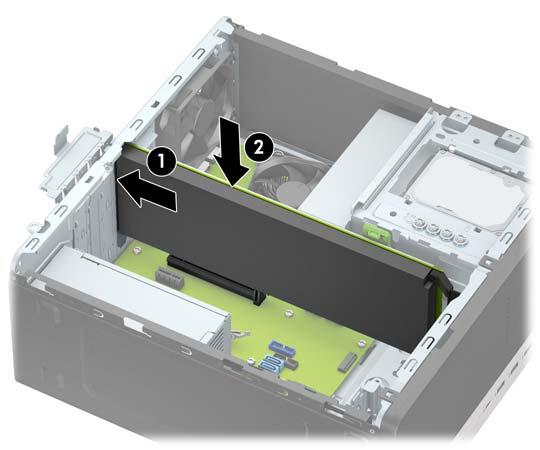 b. Schieben Sie den grünen Verriegelungsmechanismus im Festplattenkäfig weg von den Festplattenschächten (1), heben Sie die Rückseite des Laufwerkskäfigs an (2) und schieben Sie dann den