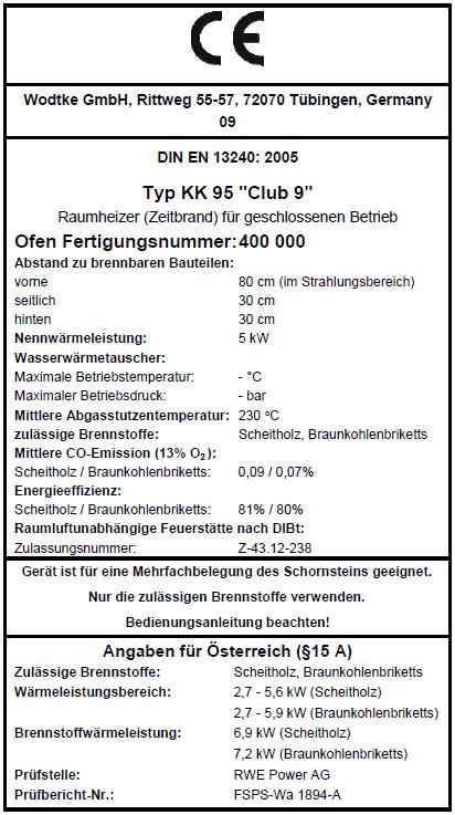 Technische Daten und Typenschild Geräte- und Funktionsbeschreibung Raumheizer Typ KK 95 / KK 95-1 Geprüft nach DIN EN 13240 (Zeitbrand); Art.