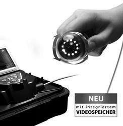 Netto Inspektionskamera mit dreh- und schwenkbarem Farbkamerakopf zur Inspektion von Luftleitungen, Erdwärmetauschern und Zwischenräumen sowie bei Geräteinspektionen und Abnahmedokumentationen.