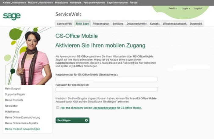 2. Einrichten des Hauptbenutzers für Sage GS-Office Mobile Nachdem Sie sich nun in der Service Welt angemeldet haben, können Sie nun den Hauptbenutzer anlegen.