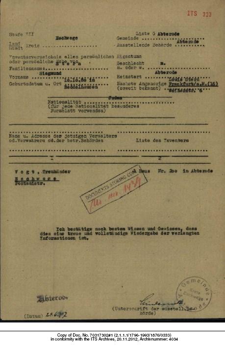 Auskunft über das Haus Nr. 200 in Abterode, Kreis Eschwege, 24. 6. 1942 Inventarverzeichnis allen persönlichen Eigentums oder persönlicher Habe von Siegmund Stern *10.