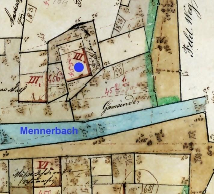 Rächels Der blaue Punkt kennzeichnet das Haus von Levi Elsoffer (Schmuls).