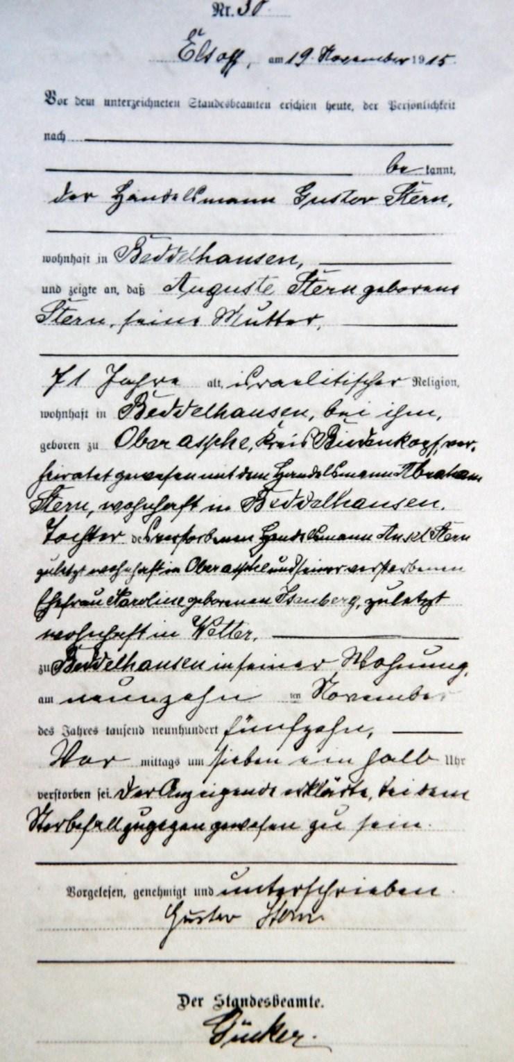 Anhang Sterbeeintrag Auguste Stern aus Beddelhausen (Standesamt Elsoff, am 19.November 1915) Die Urkunde enthält den Hinweis, dass die Vorfahren aus Wetter und Oberasphe stammten. 71 Nr.