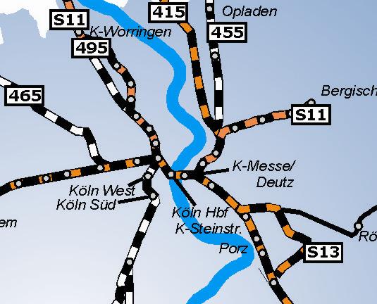 Maßnahmen (I) (1) Ausbau der S-Bahn-Stammstrecke für eine 2,5-Minuten-Zugfolge (2) Überwerfungsbauwerk Hürth-Kalscheuren (3) Neubau des