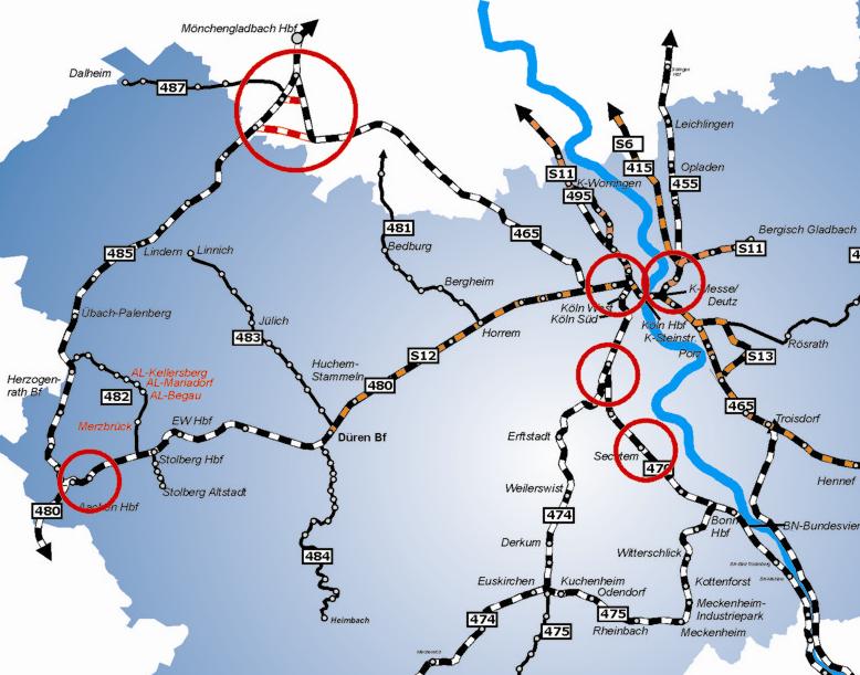 Maßnahmen (II) (11) Ausbau der Oberbergischen Bahn Mögliche Maßnahmen für das Investitionsprogramm (Güterverkehr) (7) Köln Hbf: Weichen für Parallelfahrten nach Gleis 7 und 8 (siehe auch 7) (12)