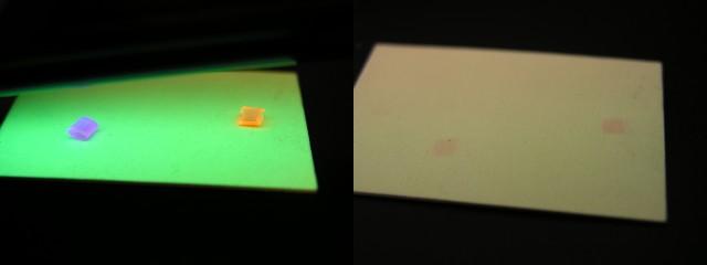 6: UV-Licht wird in den Granulatkörnern absorbiert, der Rest der Fläche leuchtet nach e) Ein Teil des UV Spektrums einer HG Dampflampe kann