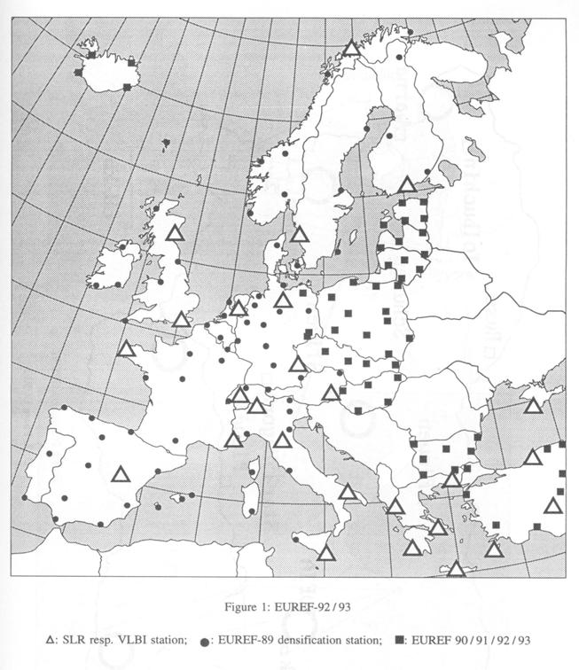 ETRF89, erste Realisierung des ETRS89 European Terrestrial Reference Frame Realisierung über vermarkte Punkte (EUREF) ITRF89 enthält 32 SLR- und VLBI-Stationen in Europa Δ Grundgerüst für ETRS89