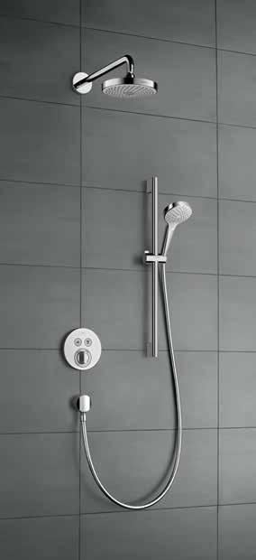 Hotelbad: Dusche 17 Installationsvarianten Produkthighlight Croma Select E 180 2jet Kopfbrause Chrom- und Weiß/Chrom-Oberflächen mit runder (S) oder eckiger (E) Linienführung treffen jeden Geschmack