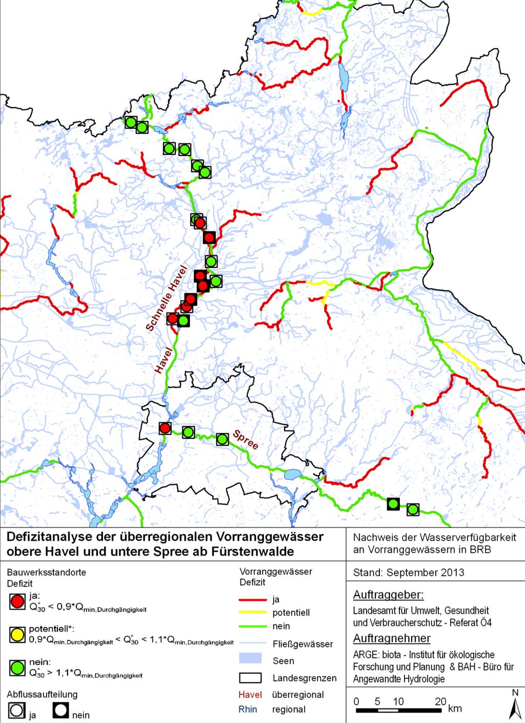 Abbildung 5-5: Defizitanalyse für die Querbauwerksstandorte der oberen Havel und unteren Spree 1) Gelbe Ampel: Potentielles Defizit und/oder Q * 30-Wert ist unsicher bzw.