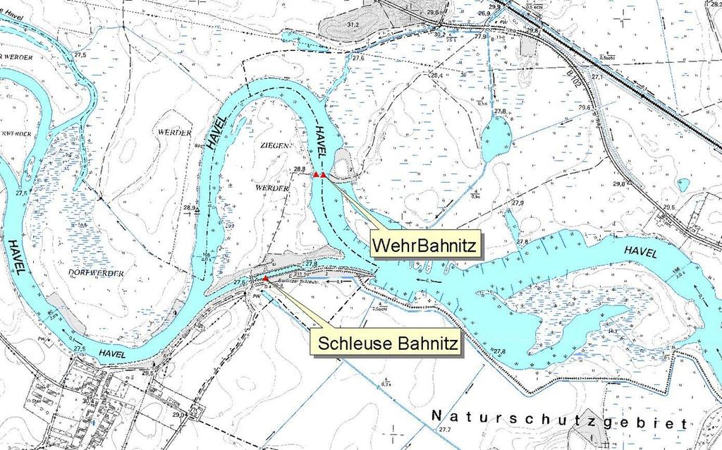 3.3.1.6 Wehr Bahnitz Abbildung 3-26: Übersicht zum Standort Bahnitz (Datengrundlage: TK10, Stand 1992) Der Standort Bahnitz befindet sich unterhalb wesentlicher seitlicher Zuflüsse zur Havel (z.b. Plane, Buckau und Elbe-Havel-Kanal).