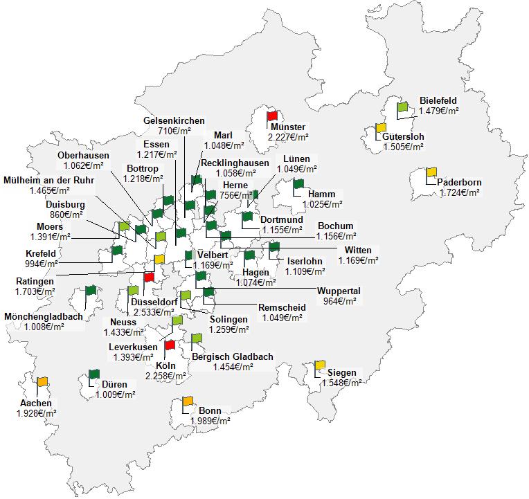 So hoch sind die Kaufpreise für Wohnungen in den 37 größten Städten Nordrhein-Westfalens bis 1.250 /m² 1.250-1.500 /m² 1.500-1.750 /m² 1.