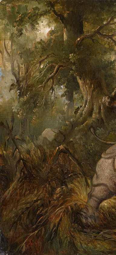 Alte Kunst Teil I 530 SALEH BEN JAGGIA, RADEN 1811 Samarang (Java) - 1880 Buitenzorg Kampf zwischen einem javanesischen Rhinozeros und zwei Tigern. Öl auf Leinwand. 48 x 60cm.