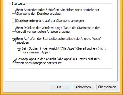 Apps-Bildschirm beim Start anzeigen Standardmäßig wird jedes Mal die Startseite geöffnet, wenn Sie Windows 8. starten.