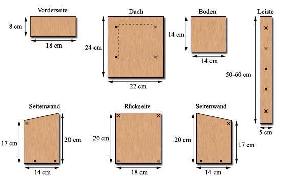 Nischenbrüter Maße: Material: Es empfiehlt sich natürliche (unbehandelte) Fichtender Tannenholzbretter, mit einer Stärke von ca. 2cm zu verwenden.