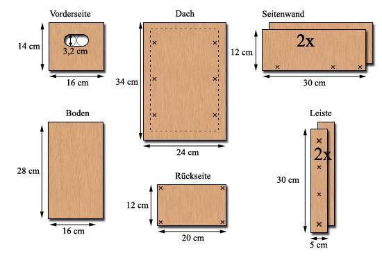 Mauersegler Maße: Material: Es empfiehlt sich natürliche (unbehandelte) Fichtender Tannenholzbretter, mit einer Stärke von ca. 2cm zu verwenden.