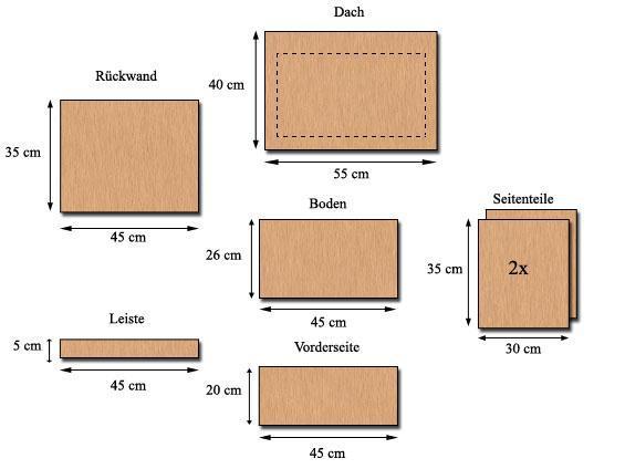 Turmfalke Maße: Material: Es empfiehlt sich natürliche (unbehandelte) Fichtender Tannenholzbretter, mit einer Stärke von ca. 2cm zu verwenden.