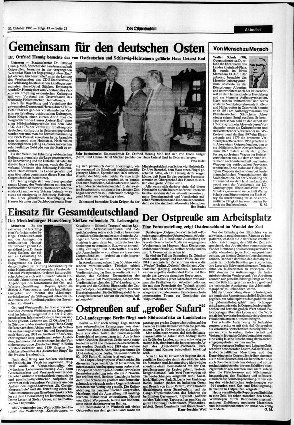 25. 1986 Folge 43 Seite 23 o$ Dftraulmblott Aktuelles Gemeinsam fiir den deutschen Osten Dr.