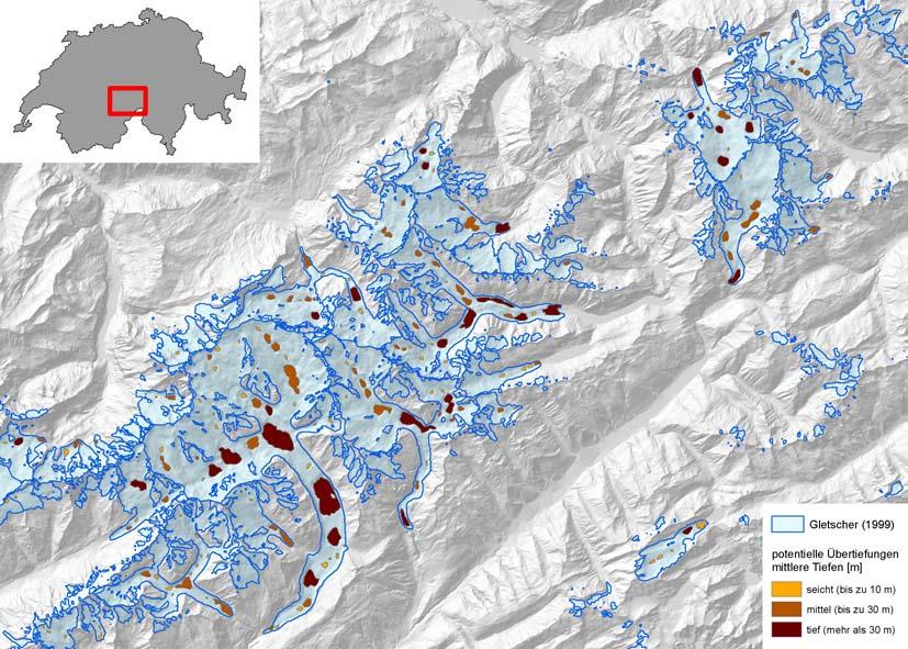 Fig. 10: Gebiete mit potenziellen Seen und ihre Tiefen in der Aletsch Region. 5.2 Zukünftige Gletscherausdehnung 5.2.1 Flächenänderung Die Flächenänderungen gemäss GWL Reaktionsmodell bzw.